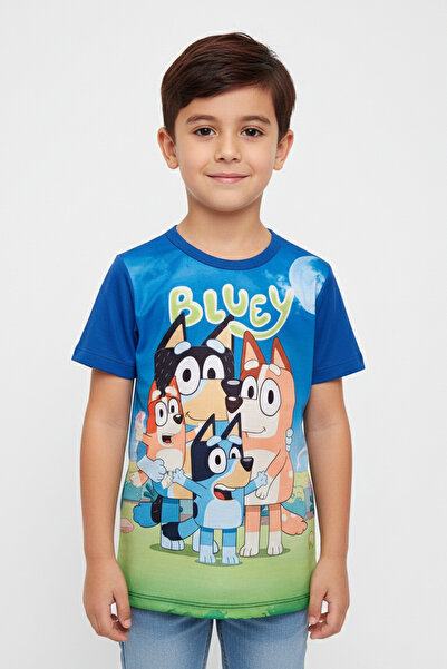 Vaxy Style Erkek Çocuk Bisiklet Yaka Relax Fit Pamuklu Bluey ve Ailesi Baskıl...