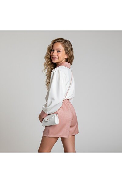 FESSHERA KİDS Girls' Suit Collared Long Sleeve Shirt and Button Detailed Textured Shorts Skirt Two-Piece Set