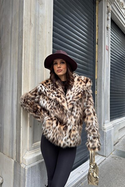 SHILSEE BEUTİQUE Women's Shawl with Leopard Print with Fence Closure Premium K Faux Fur Coat Brown