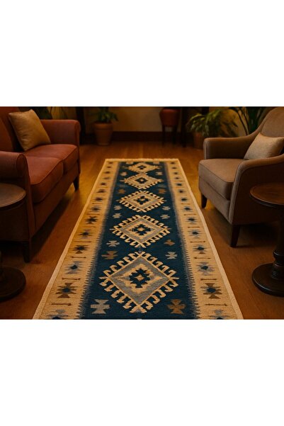OEM Traditional rug, size 80 x 300 cm, Blue and cream, ROMB pattern