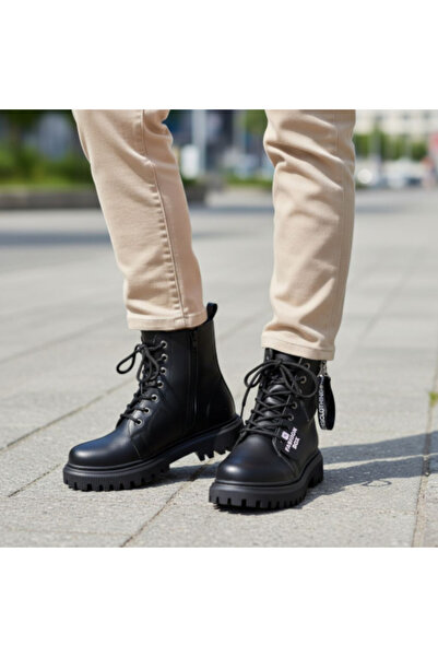 PATİK BEBE Girls' Black Leather Zip-Up Style Children's Boots