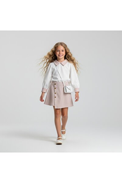 FESSHERA KİDS Girls' Suit Collared Long Sleeve Shirt and Button Detailed Textured Shorts Skirt Two-Piece Set