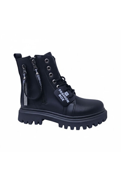PATİK BEBE Girls' Black Leather Zip-Up Style Children's Boots