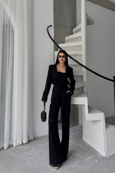 Butik JAKARLI BLUZU TASARIM DETAYLI CEKET-PANTOLON-BLUZ 3 LÜ TAKIM - Siyah - M