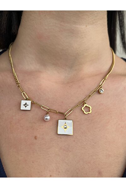 B&E SHİNE JEWERLY Premium White Star Charm Kolye – İnci & Yonca Detaylı