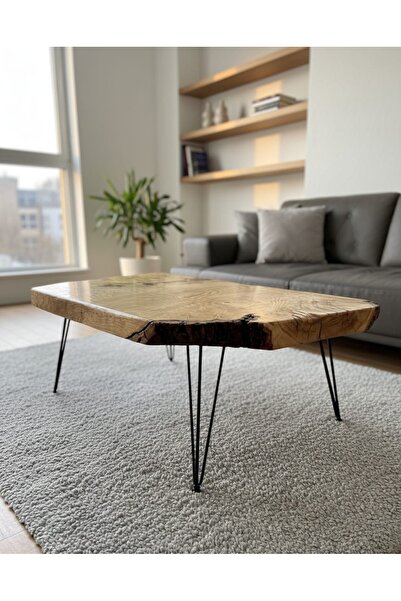 Lumine Glow Atelier Doğal Kestane Ağacı Orta Sehpa – Metal Ayaklı Rustik Tasarım