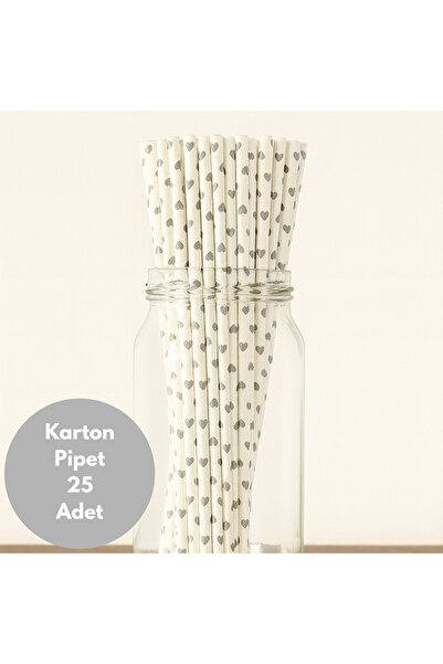 BatıDoğu Beyaz Üzeri Metalik Gümüş Kalp Baskılı Karton Pipet 25 Adet