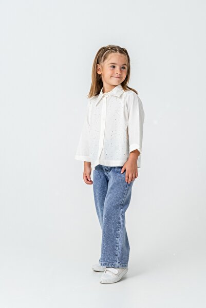 CLOUDY WEAR&DESİGN Girl's Stone Detailed Shirt and Wide Leg Jeans Two-Piece Set