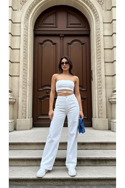 geenz manifacture Γυναικείο τζιν με ψηλόμεσο κορδόνι, φαρδύ τζιν παντελόνι Palazzo