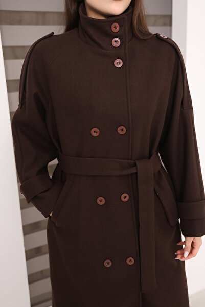 Leo Ferre Brown New Trend Women's Winter Cashmere Mock Neck Front Buttoned Belted Epaulette Overcoat.