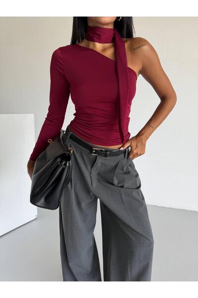 Freya One-Shoulder Scarf Detailed Bodysuit Burgundy