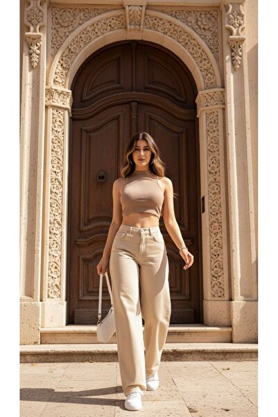 geenz manifacture Εξαίσια γυναικεία τζιν με ψηλόμεσο κορδόνι, φαρδιά τζιν παντελόνια Palazzo