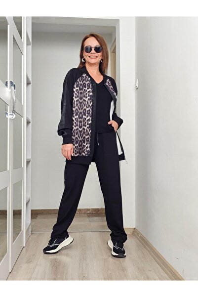 Felix Butik FELİX14234 Leopar Desenli Parıltılı Büyük Beden Siyah Ceket-Panto...