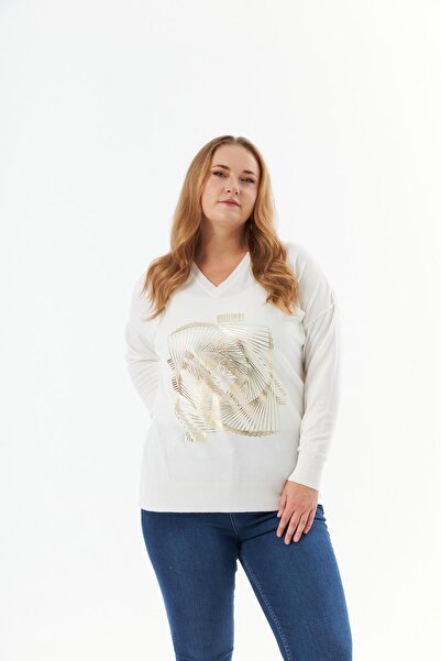 RMG Plus size v-neck cashmere blend patterned knit sweater
