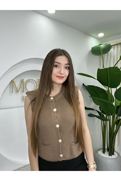 MODA BORSASI Women's Brown Gold Buttoned Pocketed Knit Vest