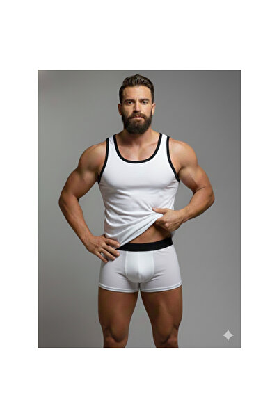ÇAĞLAR BUTİK Erkek Beyaz Biyeli Atlet Boxer İç Çamaşır Takımı CB251103