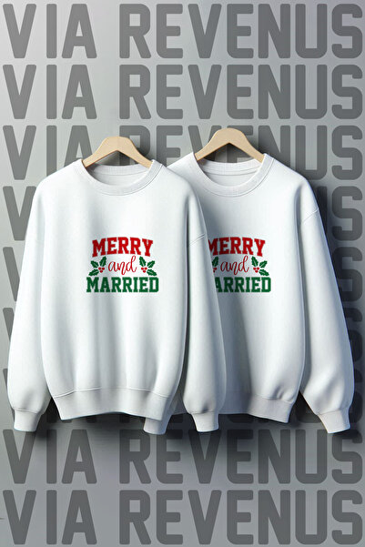 Vordevia Merry and Married New Year Christmas Printed Crew Neck 3 Thread Ş Fleece-Lined Lover Combination Sweatshirt