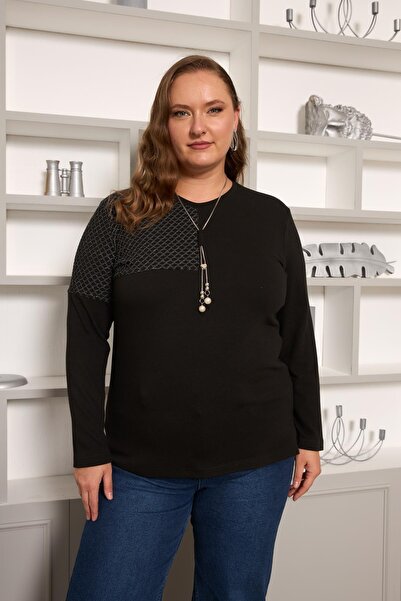 RMG Plus Size Mesh and Necklace Detail Blouse Black