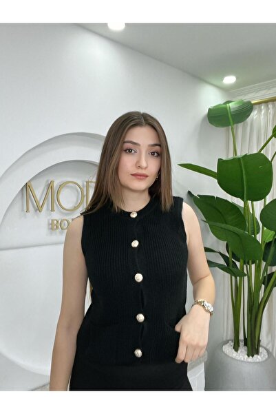 MODA BORSASI Women's Black Gold Buttoned Pocketed Knit Vest