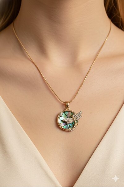 Dorvina Çelik Kadın Kolye Gold Renk Zincir Zirkon Taşlı Yusufçuk Model 316L K...