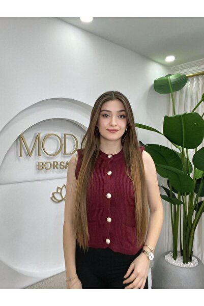 MODA BORSASI Women's Burgundy Gold Buttoned Pocketed Knit Vest