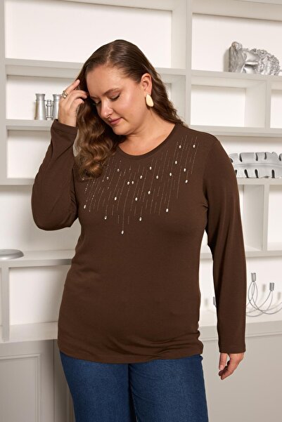 RMG Plus Size Stone Detail Front Blouse Brown