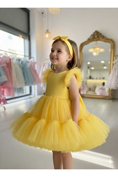 Sare Çocuk Giyim Yellow Girl's Fluffy Tutu Evening Dress Birthday Princess Dress + Buckle