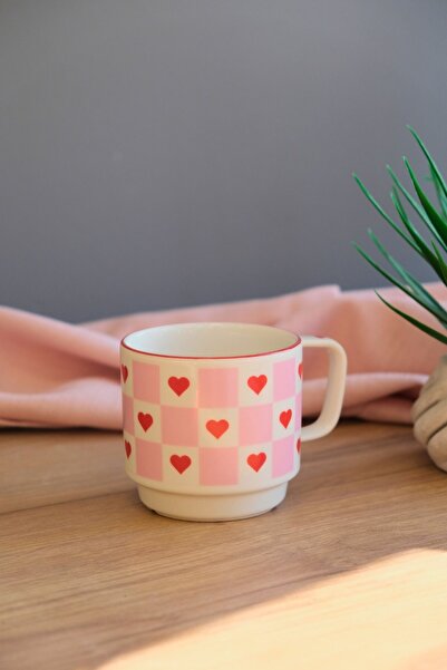 tabakevi Tabak Evi Porcelain Pink Checkered Heart Stacked Mug with Red Net 250Cc