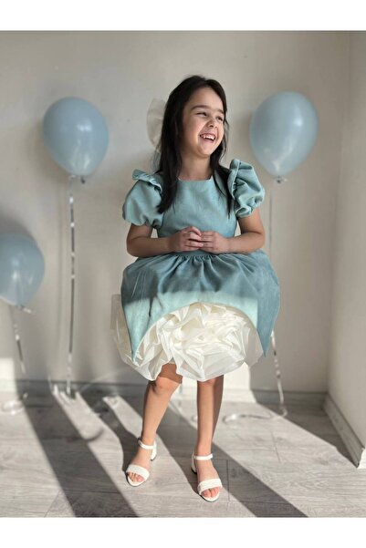 Sare Çocuk Giyim Turquoise Velvet Balloon Sleeve Balloon Skirt Special Design Girl's Party Dress +Buckle