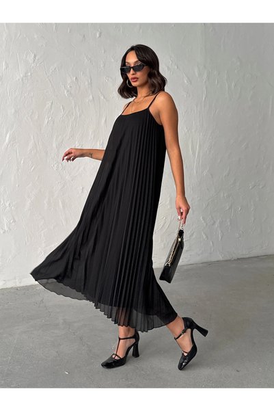 Nosia Pleated Black Midi Length Chiffon Casual Dress