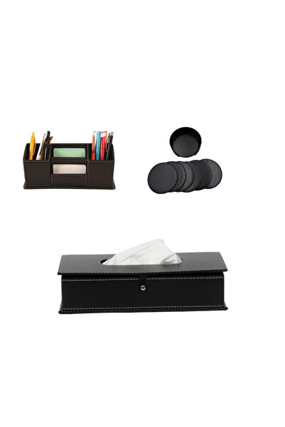 DeriDünyası Deri Peçetelik, bardak altlığı ve kalemlik set