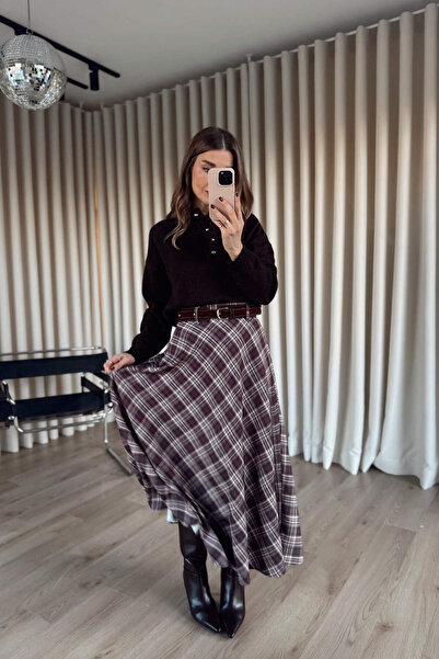 Sue Store Brown Beige Plaid Suede Belt Detailed Lined Bell Model Skirt