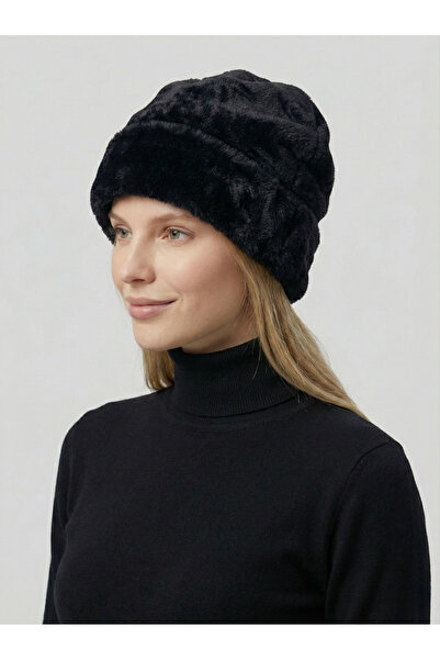 The Mrk Collection Kadın Siyah Kürk Görünümlü Peluş Bere ve Boyunluk