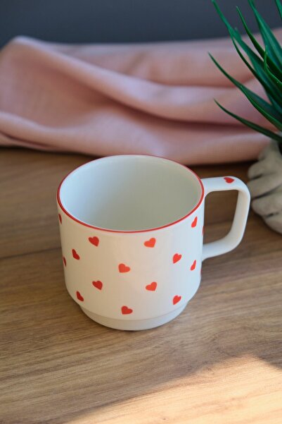 tabakevi Tabak Evi Porcelain Heart Patterned Stacked Mug Red Mesh 250Cc