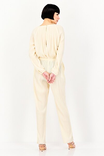 PROMOD Women Textured Long Sleeve Jumpsuit, Beige