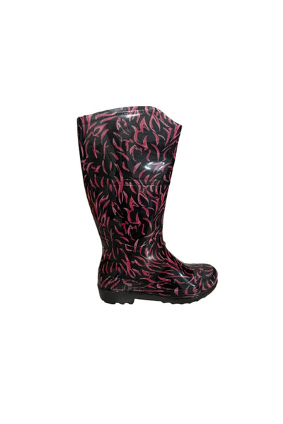 Emek Women's Black-Pink Patterned 35 cm Long Garden Rain Boots