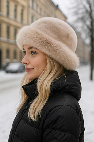 MARBERRY Beige Soft Textured Plush Neck Collar and Earflap Women's Hat