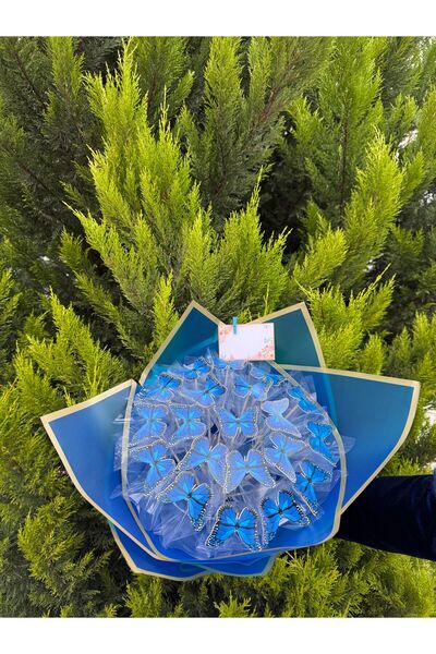 Bella Flora NOT YAZILIR Led Işıklı Mavi Kelebek Buketi Yılbaşı Doğum Günü Sev...