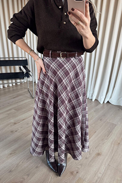 Sue Store Brown Beige Plaid Suede Belt Detailed Lined Bell Model Skirt