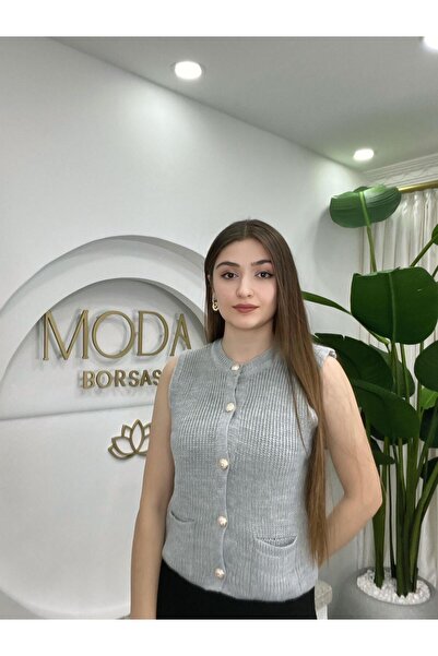 MODA BORSASI Women's Gray Gold Buttoned Pocketed Knit Vest