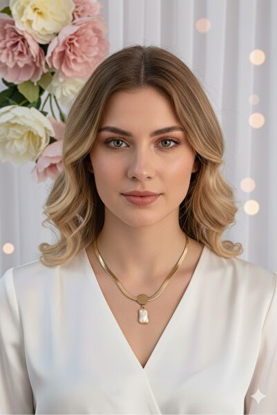 Dorvina Çelik Gold Renk İtalyan Zincir Ezme Taşlı Kolye 316L Kararmaz | Şık v...