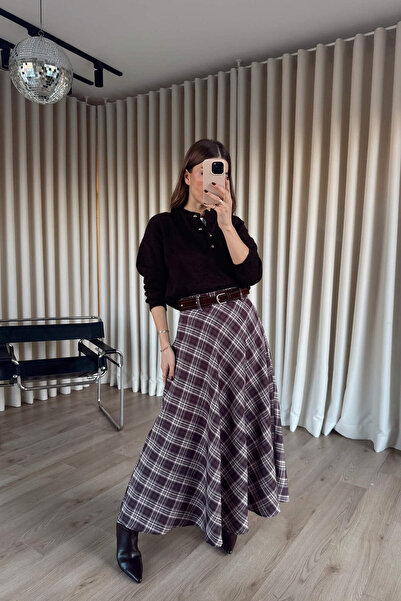 Sue Store Brown Beige Plaid Suede Belt Detailed Lined Bell Model Skirt