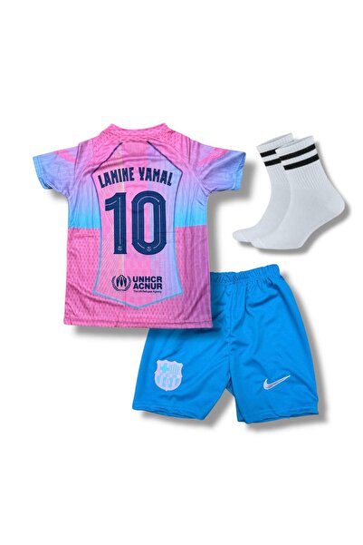 Flextreme BARSELONA 10 LAMİNE YAMAL Pink 2025/2026 YENİ SEZON ÇOCUK FUTBOL FORMASI 3'LÜ SET