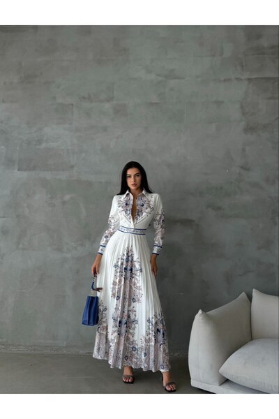 WellWay Crepe Fabric Floral Pattern Shirt Collar Self Belted White Dress-42131