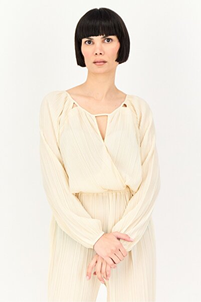 PROMOD Women Textured Long Sleeve Jumpsuit, Beige