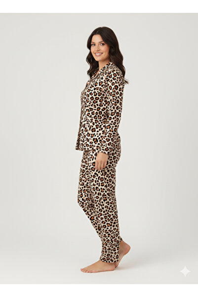 BOYRAZ leoparlı pijama LEOPARLI süet düğmeli şık rahat 02273