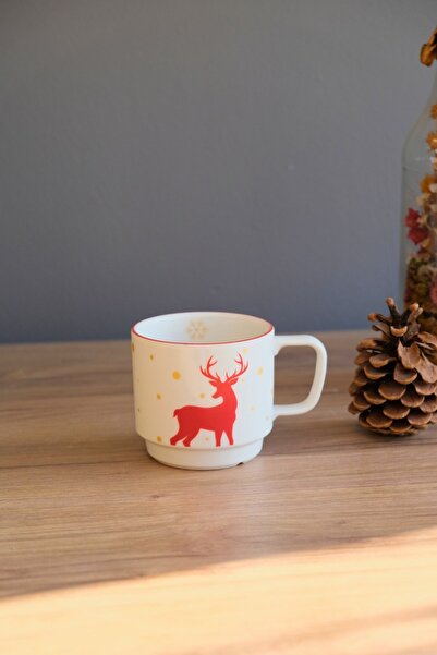 tabakevi Tabak Evi Porcelain Deer Stacked Mug Red Netted 250Cc