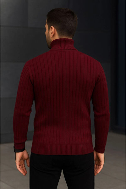 Zerenyus Men's Corded Fabric Knitwear Sweater Set of 2 Burgundy Black Regular Turtleneck Full-Throated Knitwear Set Model Kaz