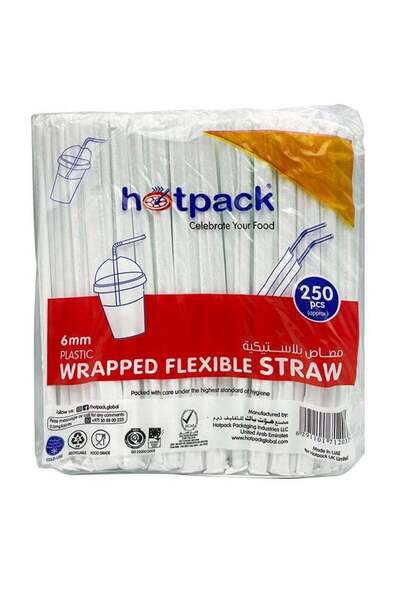 Hotpack شفاطات شرب بلاستيكية مغلفة للاستخدام مرة واحدة - 6 مم، 250 قطعة