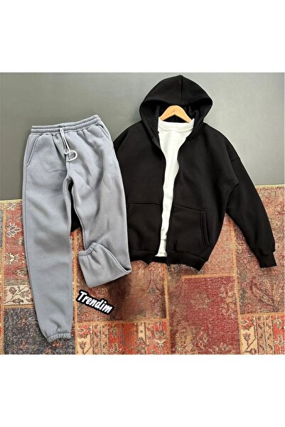 HerTarzınTrendi طقم بدلة رياضية بغطاء رأس مبطن بالصوف للجنسين – طقم رياضي مكو...